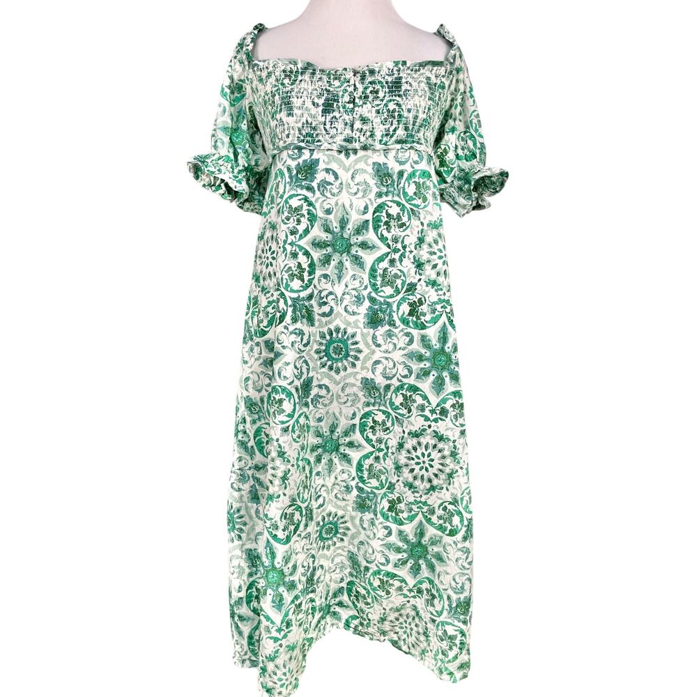 Anthropologie Womens Smocked Puff Sleeve Midi Dress S Green Boho Cottage Peasant